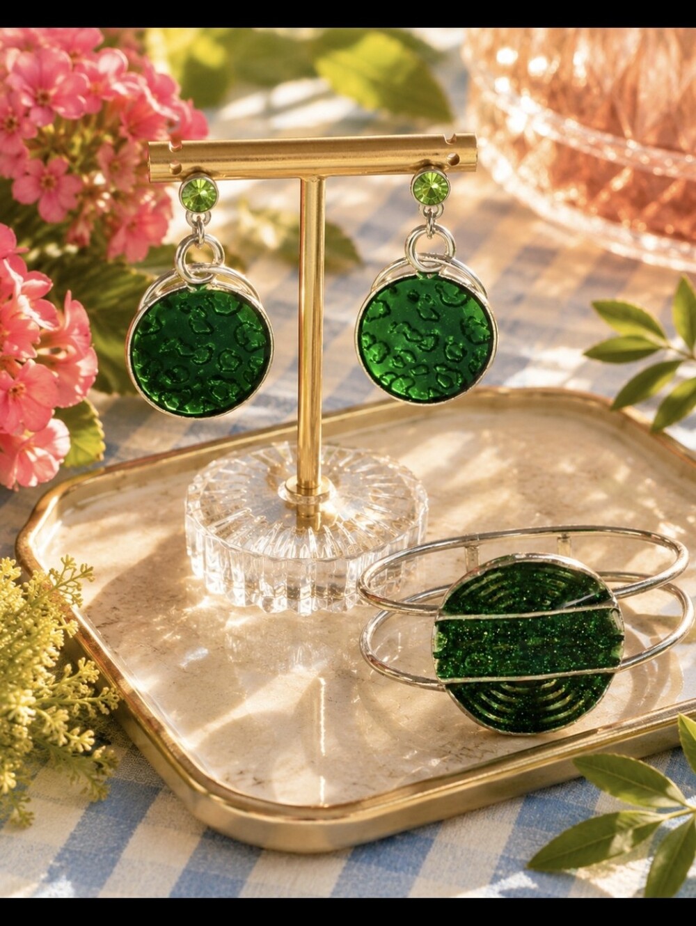 Green  Sparkely Disc Silver Cuff Bracelet And Earring Set